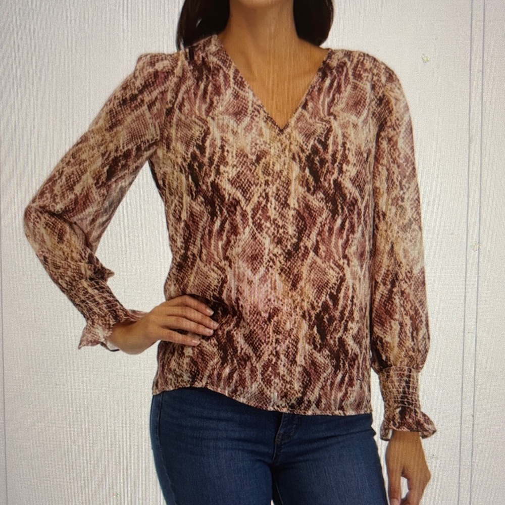 ❤️NWT Anne Klein Brown Snake Print V-Neck Blouse Smocked Sheer Sleeves